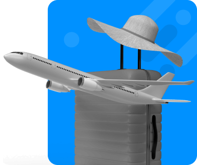 飛機、行李箱與太陽帽插圖