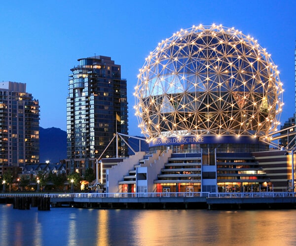 Science World and the Vancouver skyline at night