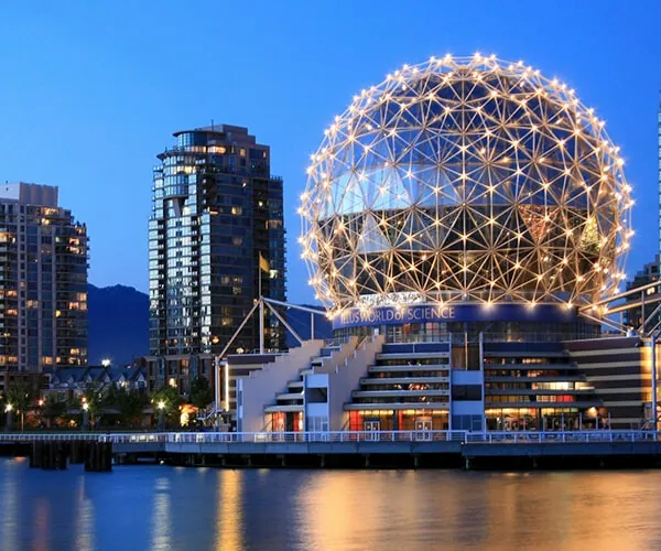 Science World and the Vancouver skyline at night